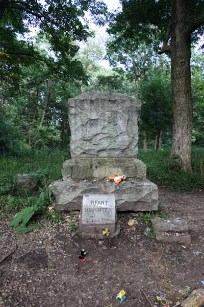 Here is a close up of the Fulton monument where lies an 'Infant Daughter&quot; who died many years ago, though the exact date is not inscribed on the tomb stone.  Many have claimed to hear a baby crying.  Many also leave toys, pacifiers and other baby items to honor the little one who was thust into her grave before she outgrew a cradle.  One of the more tragic Bachelor Grove stories.